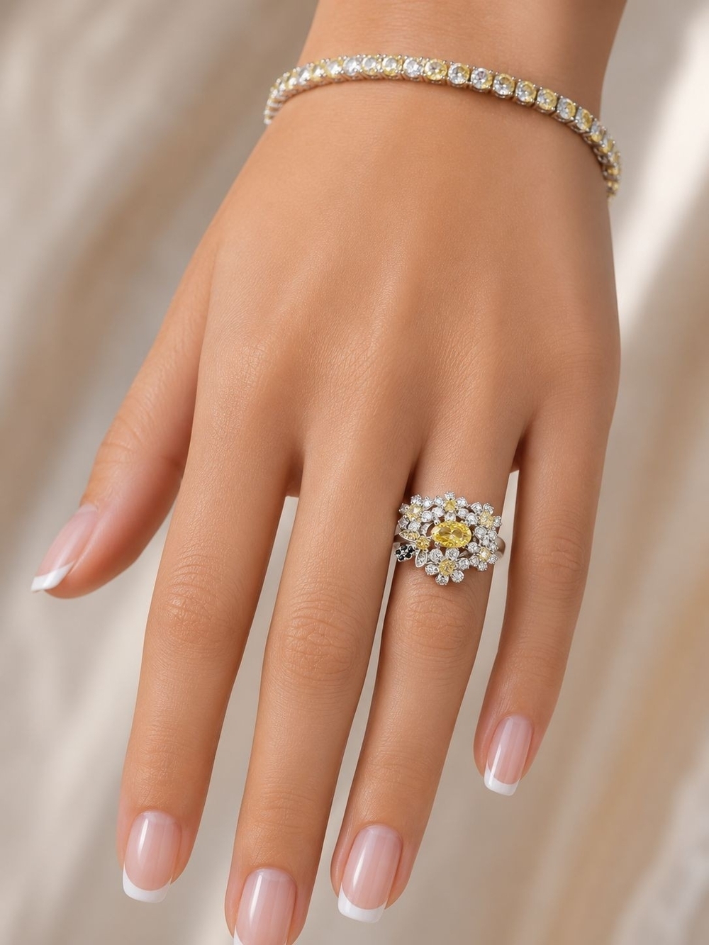 Yellow Floral Cluster Ring with Sparkling Accents - Women Jewelry - Picture 6 of 6